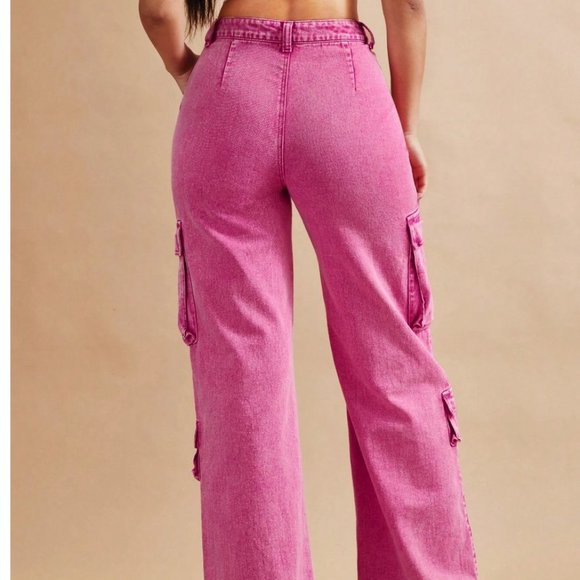 Casual Flap Pocket Cargo Denim Jeans Pink - Picture 3 of 4